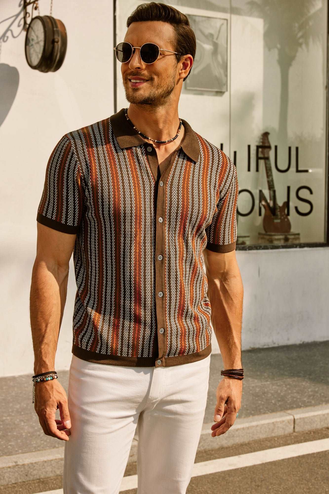 Men's Button-Down Polo Shirt with Vertical Stripes