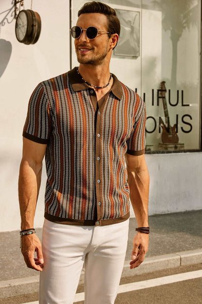 Men's Button-Down Polo Shirt with Vertical Stripes
