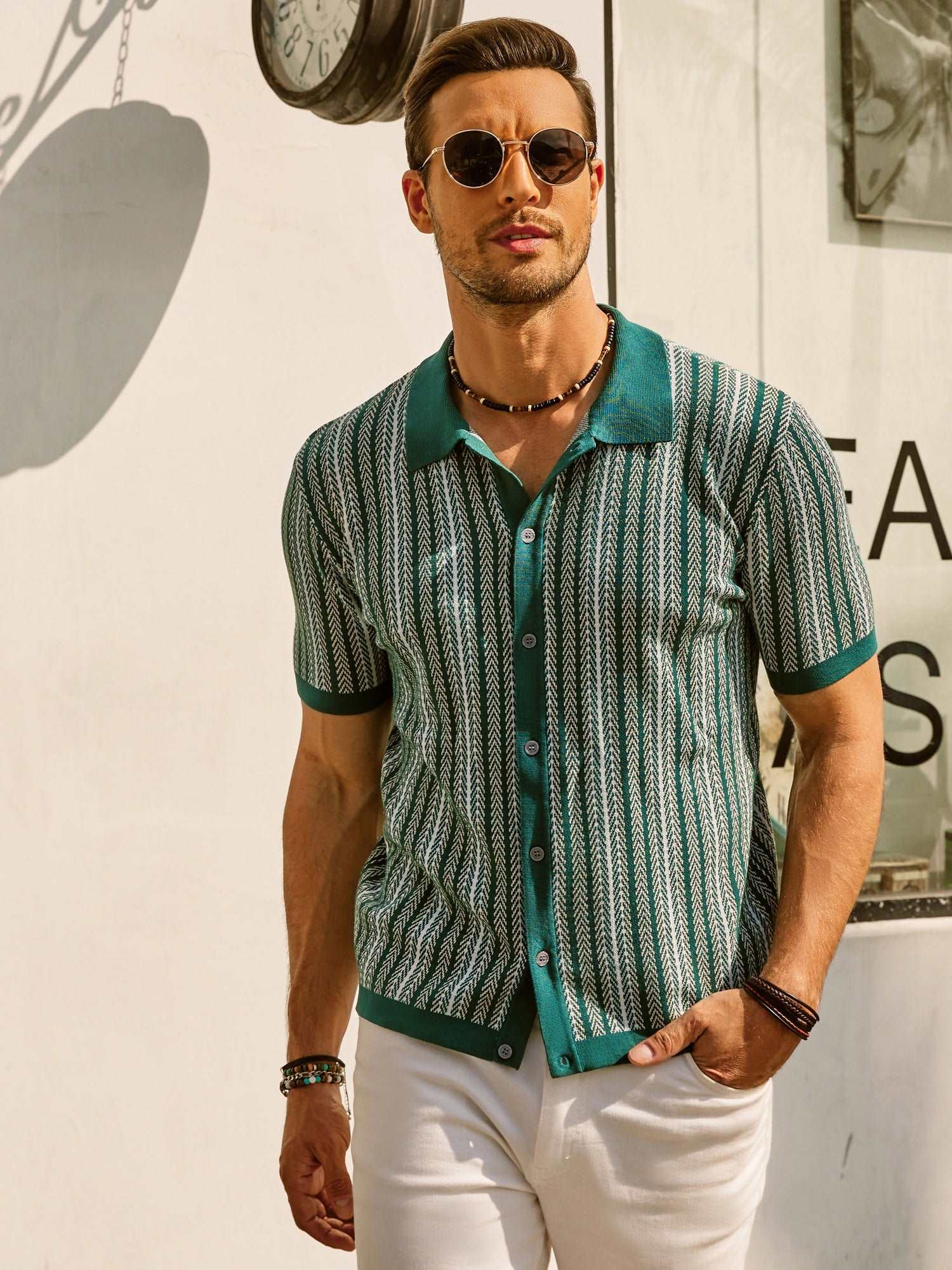 Men's Button-Down Polo Shirt with Vertical Stripes