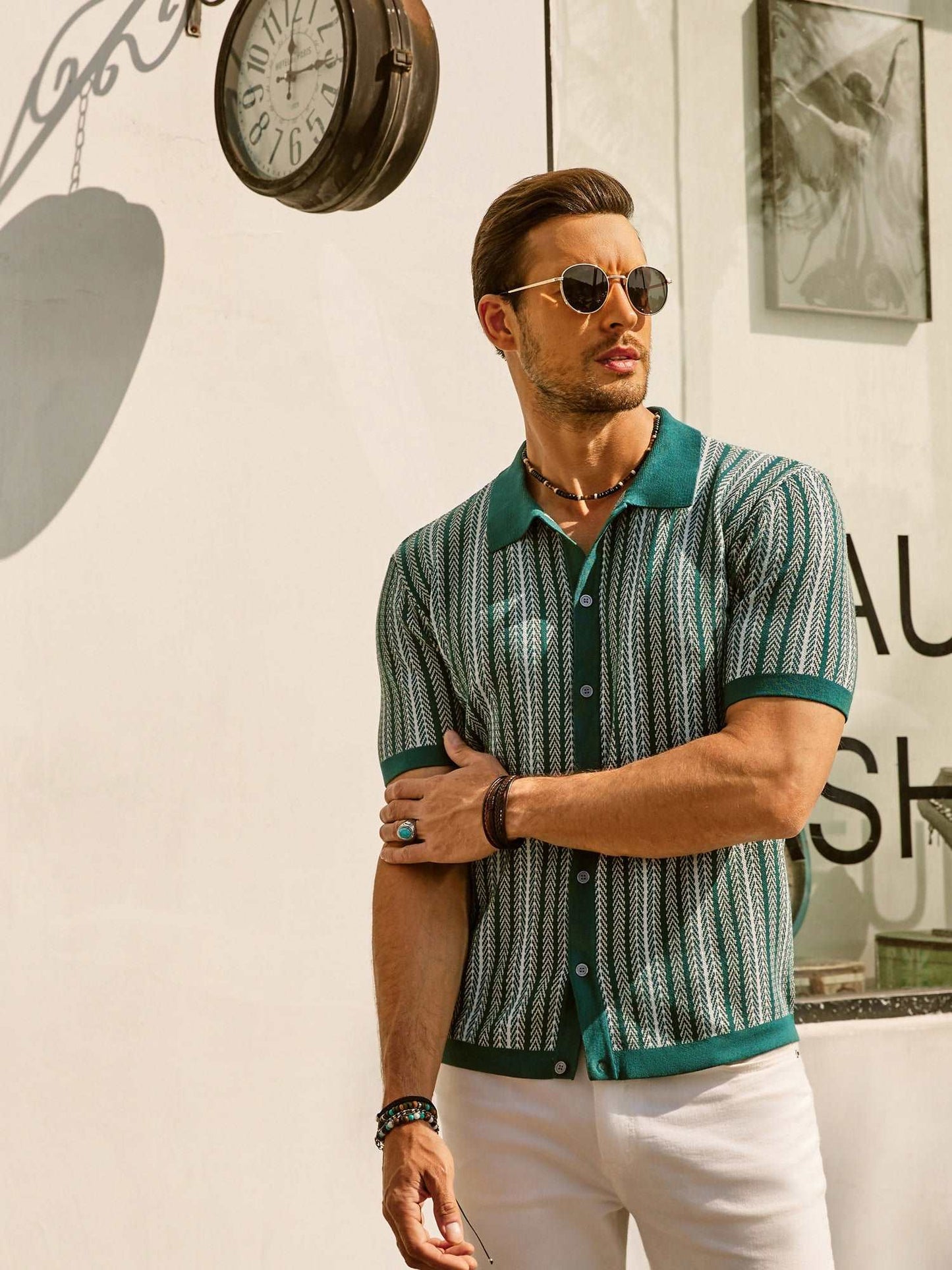 Men's Button-Down Polo Shirt with Vertical Stripes