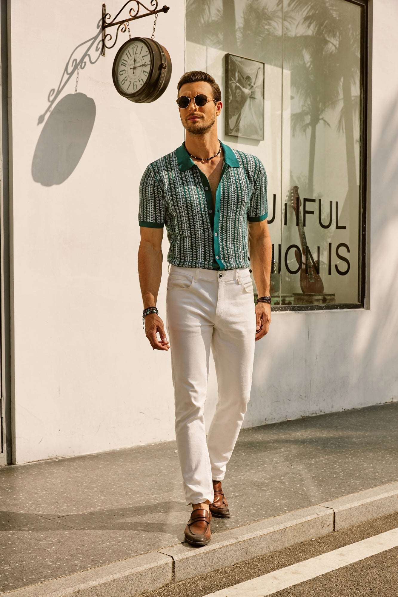 Men's Button-Down Polo Shirt with Vertical Stripes