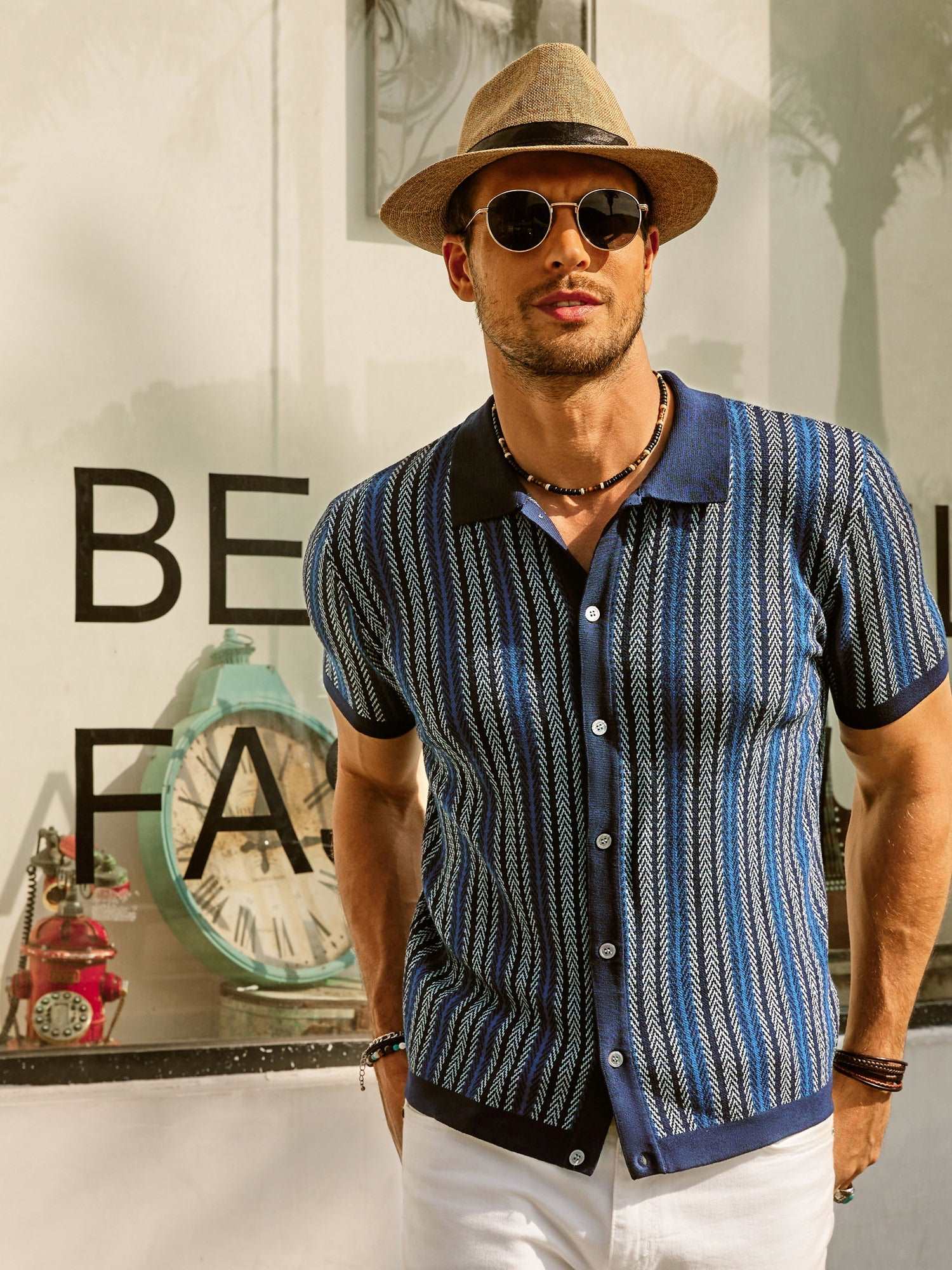 Men's Button-Down Polo Shirt with Vertical Stripes