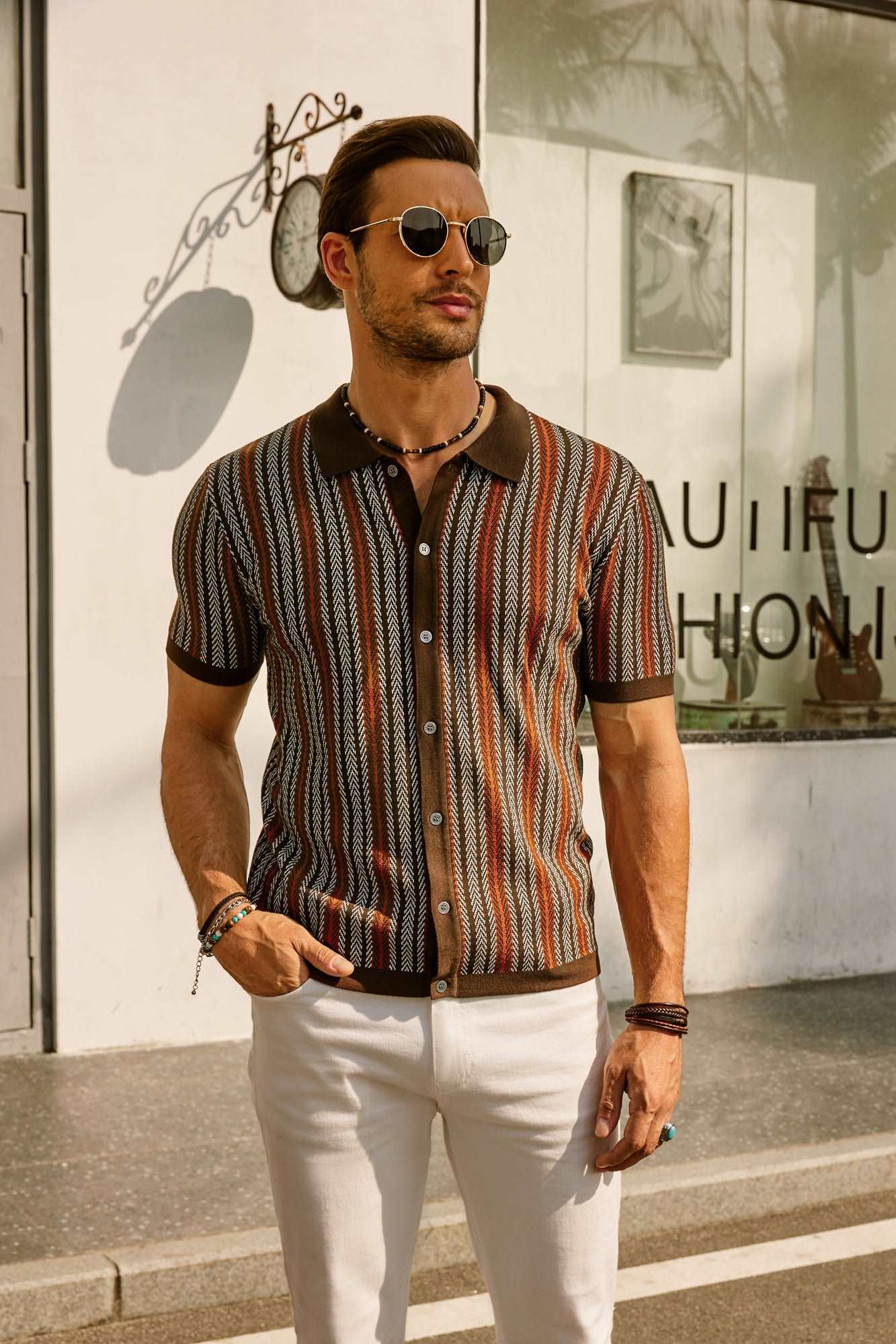 Men's Button-Down Polo Shirt with Vertical Stripes