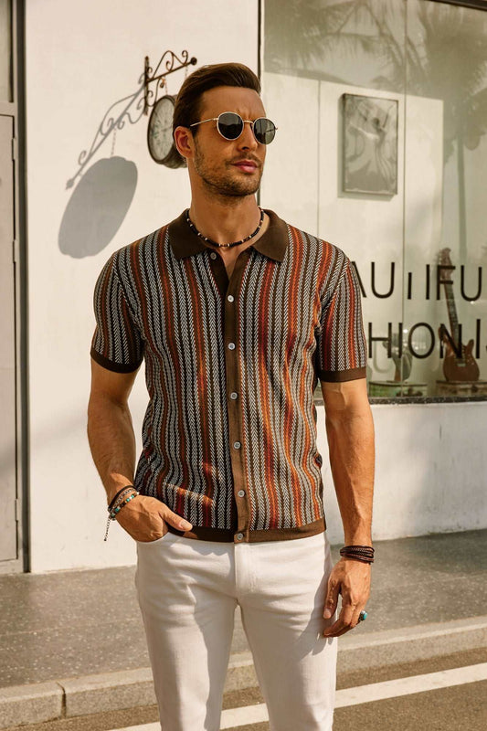 Men's Button-Down Polo Shirt with Vertical Stripes