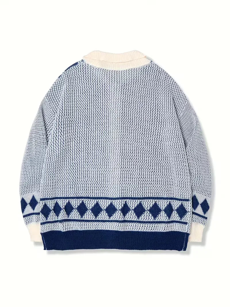 Men's Button-Up Diamond Pattern Cardigan