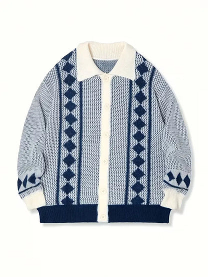 Men's Button-Up Diamond Pattern Cardigan