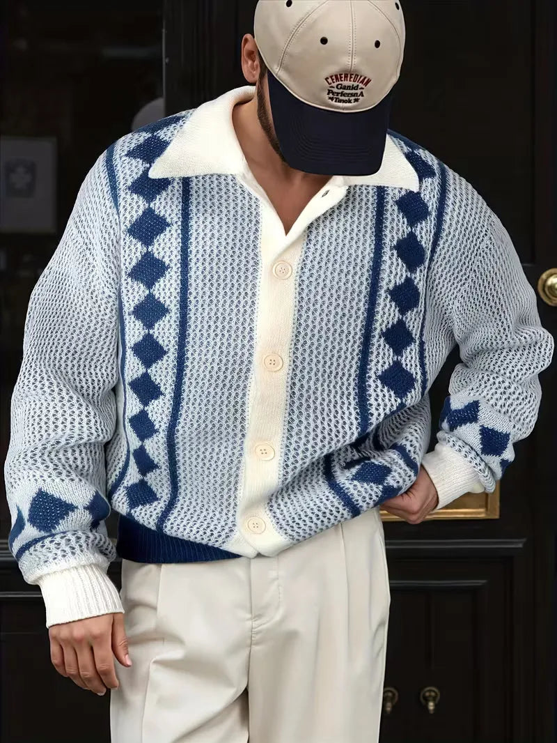 Men's Button-Up Diamond Pattern Cardigan