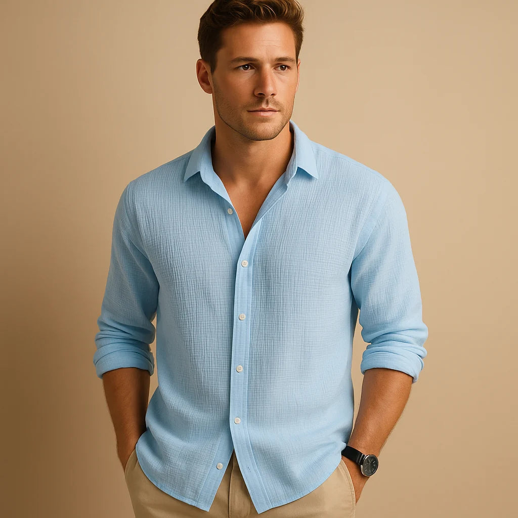 Men's Casual Button-Down Shirt with Stand-Up Collar