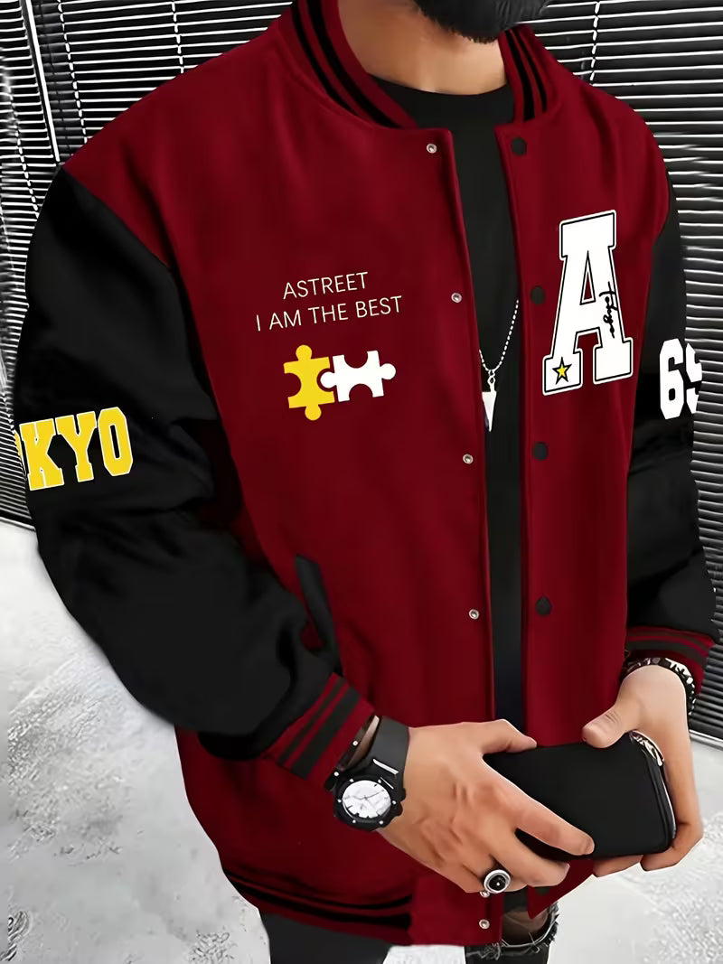 Men's Casual Color-Block Jacket with Baseball Collar