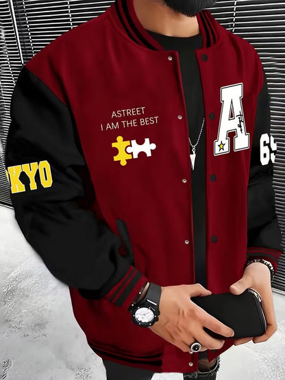 Men's Casual Color-Block Jacket with Baseball Collar