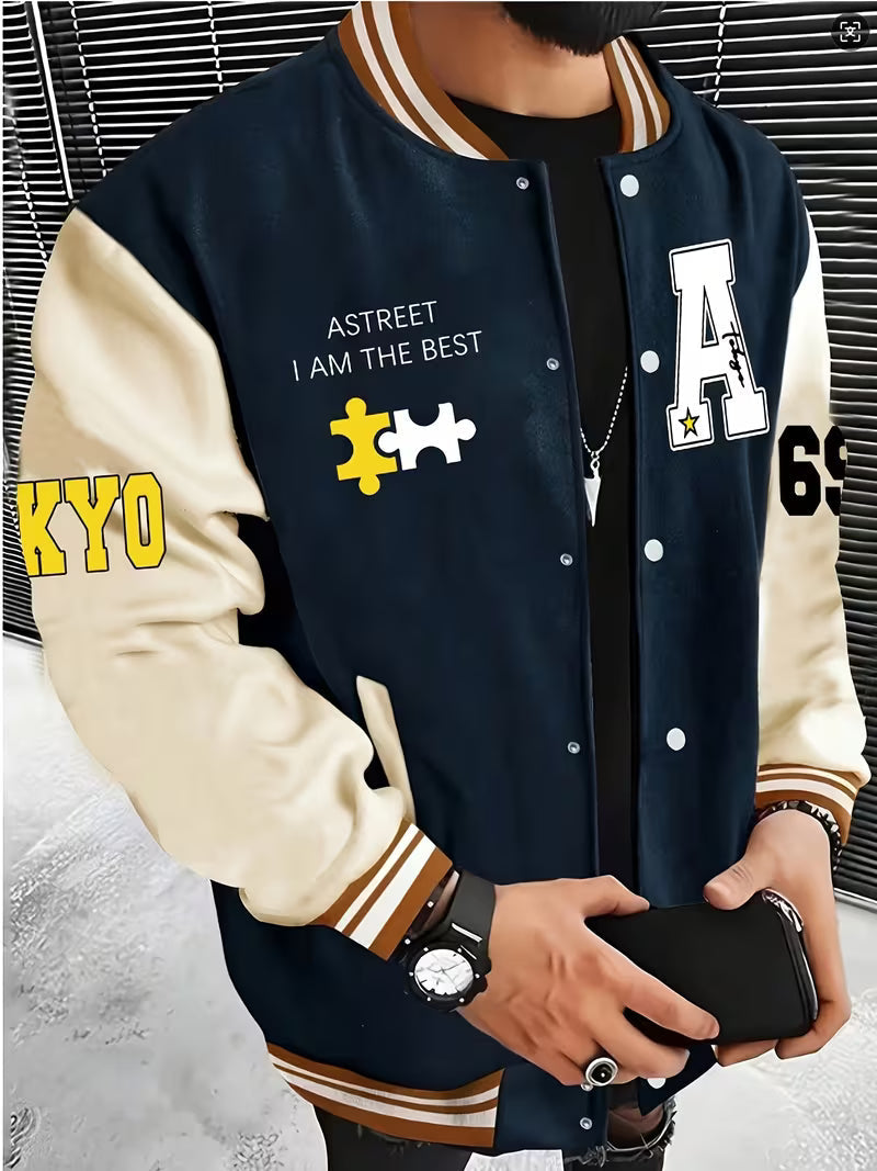 Men's Casual Color-Block Jacket with Baseball Collar