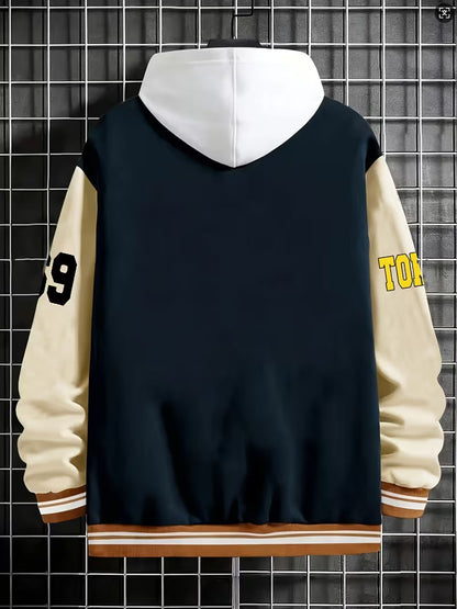 Men's Casual Color-Block Jacket with Baseball Collar