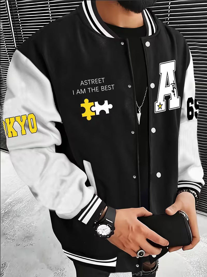 Men's Casual Color-Block Jacket with Baseball Collar