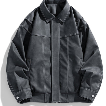 Men's Casual Faux Leather Jacket with Flap Collar