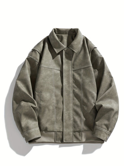 Men's Casual Faux Leather Jacket with Flap Collar