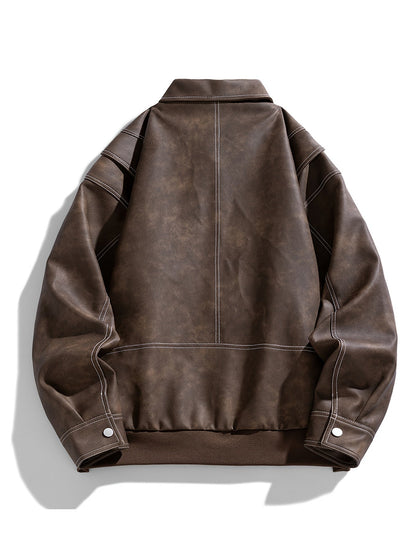 Men's Casual Faux Leather Jacket with Flap Collar