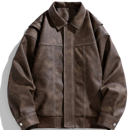Men's Casual Faux Leather Jacket with Flap Collar