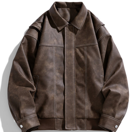 Men's Casual Faux Leather Jacket with Flap Collar