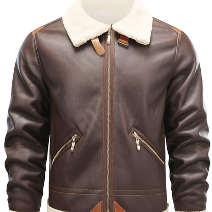 Men's Casual PU Leather Shearling Jacket with Lapel Collar