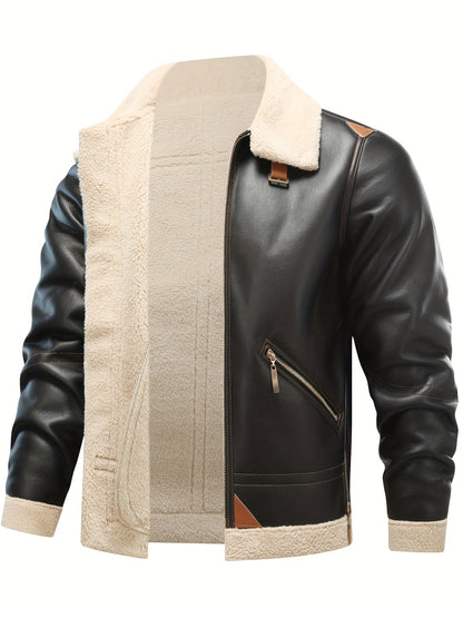 Men's Casual PU Leather Shearling Jacket with Lapel Collar