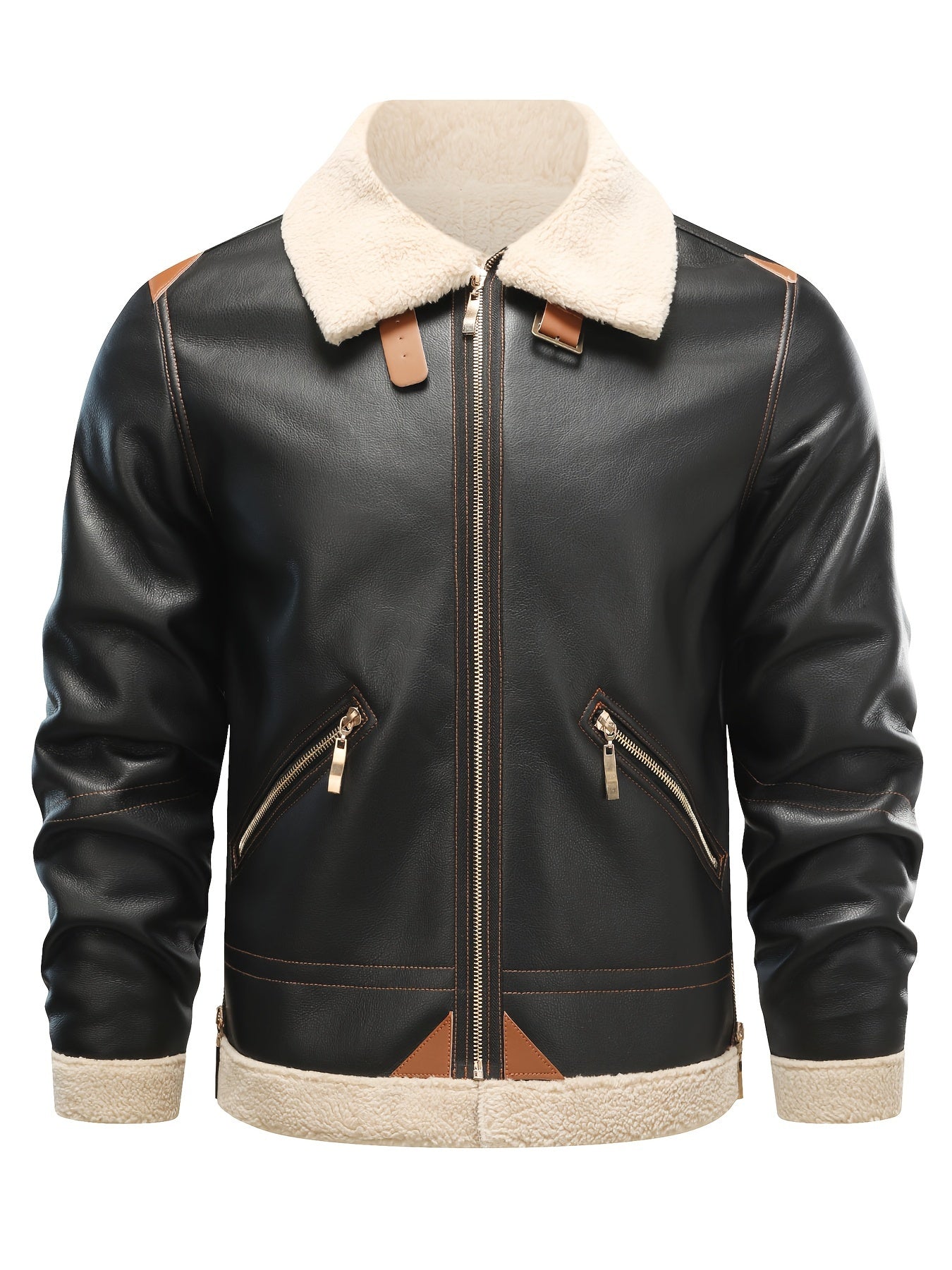 Men's Casual PU Leather Shearling Jacket with Lapel Collar