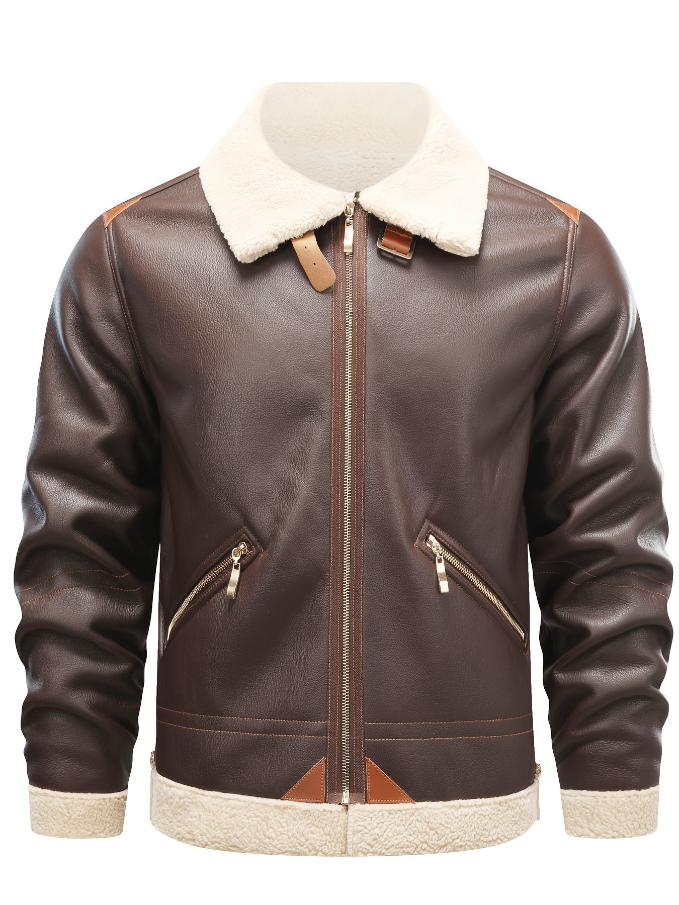 Men's Casual PU Leather Shearling Jacket with Lapel Collar