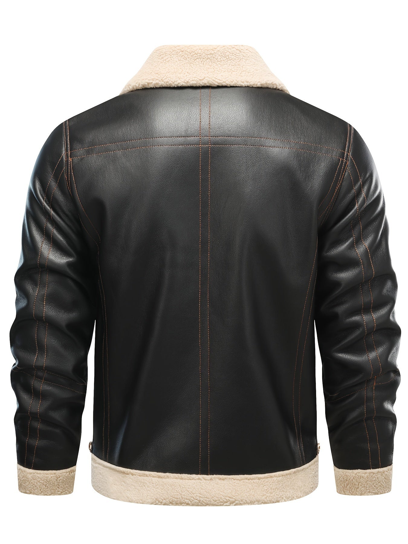 Men's Casual PU Leather Shearling Jacket with Lapel Collar