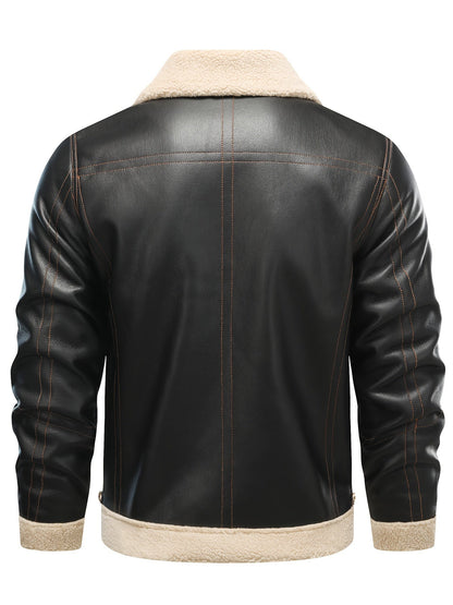 Men's Casual PU Leather Shearling Jacket with Lapel Collar