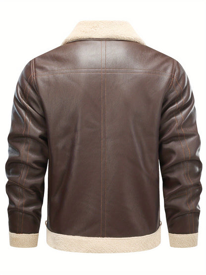 Men's Casual PU Leather Shearling Jacket with Lapel Collar