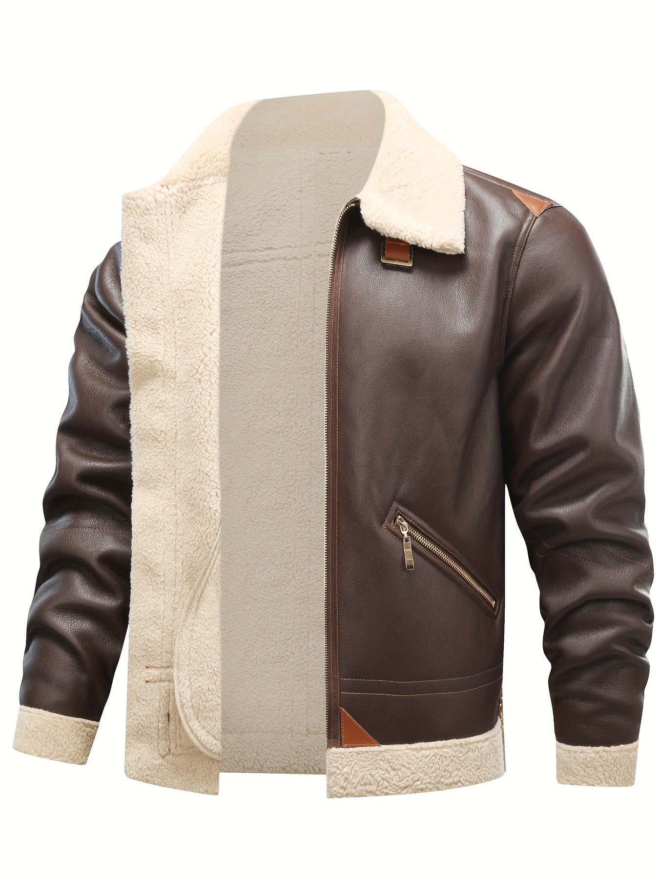 Men's Casual PU Leather Shearling Jacket with Lapel Collar