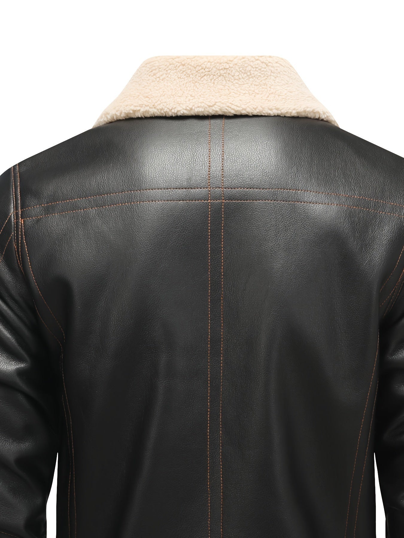 Men's Casual PU Leather Shearling Jacket with Lapel Collar