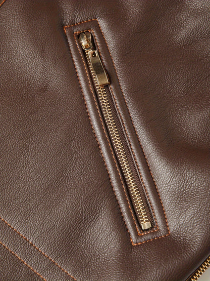 Men's Casual PU Leather Shearling Jacket with Lapel Collar