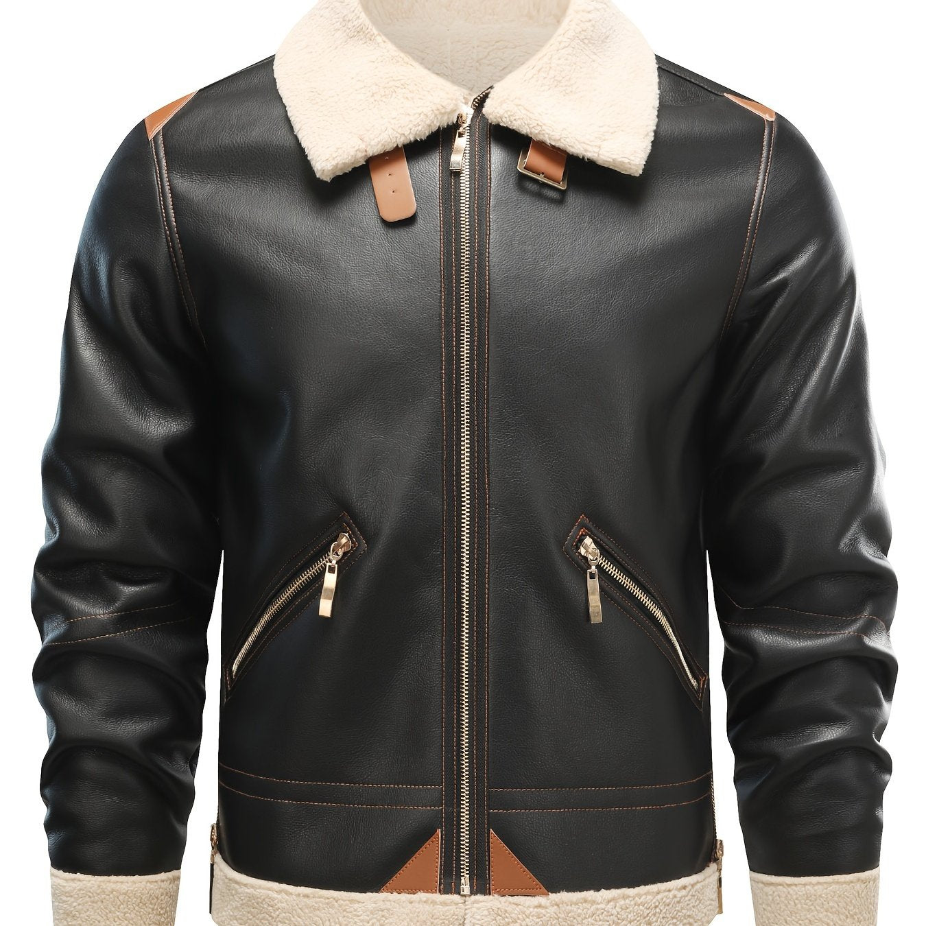 Men's Casual PU Leather Shearling Jacket with Lapel Collar