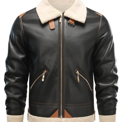 Men's Casual PU Leather Shearling Jacket with Lapel Collar