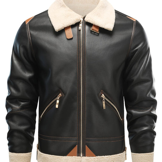 Men's Casual PU Leather Shearling Jacket with Lapel Collar