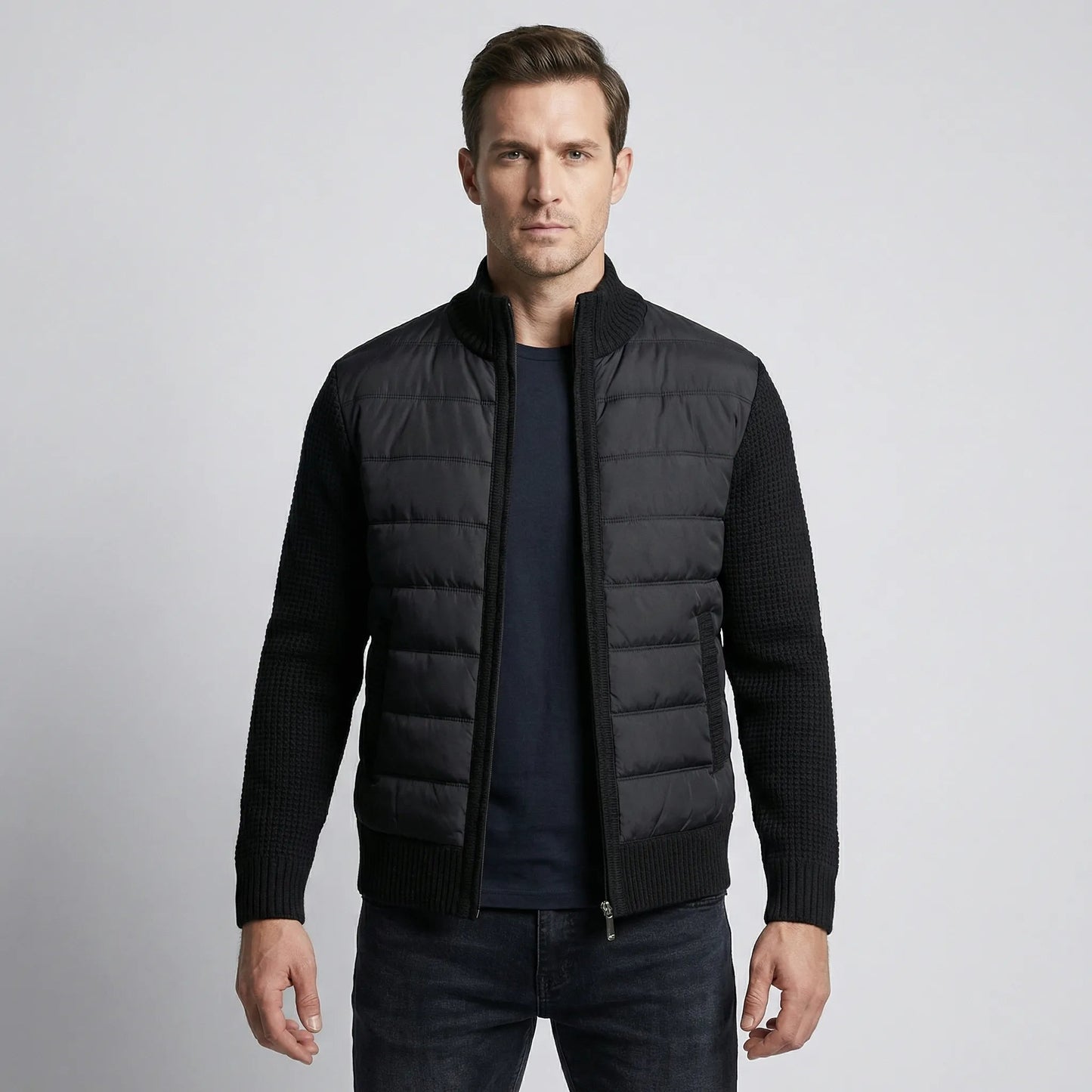 Men's Casual Padded Front Jacket with Knitted Sleeves