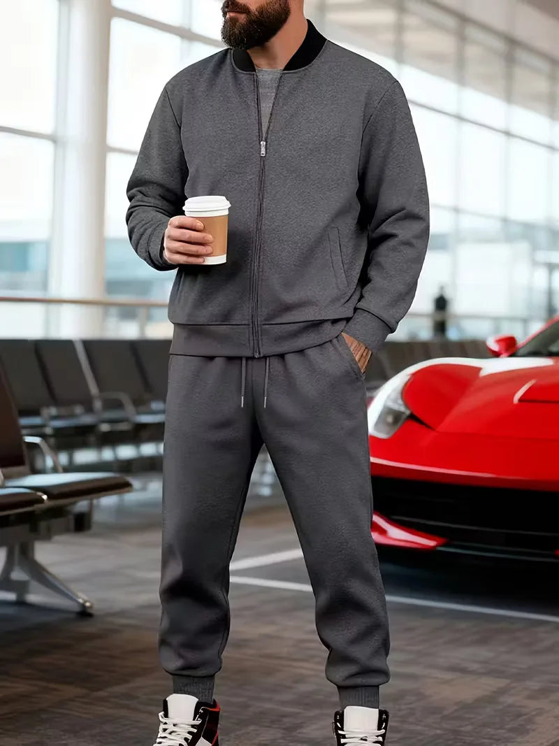 Men's Casual Zippered Jacket and Trousers Set