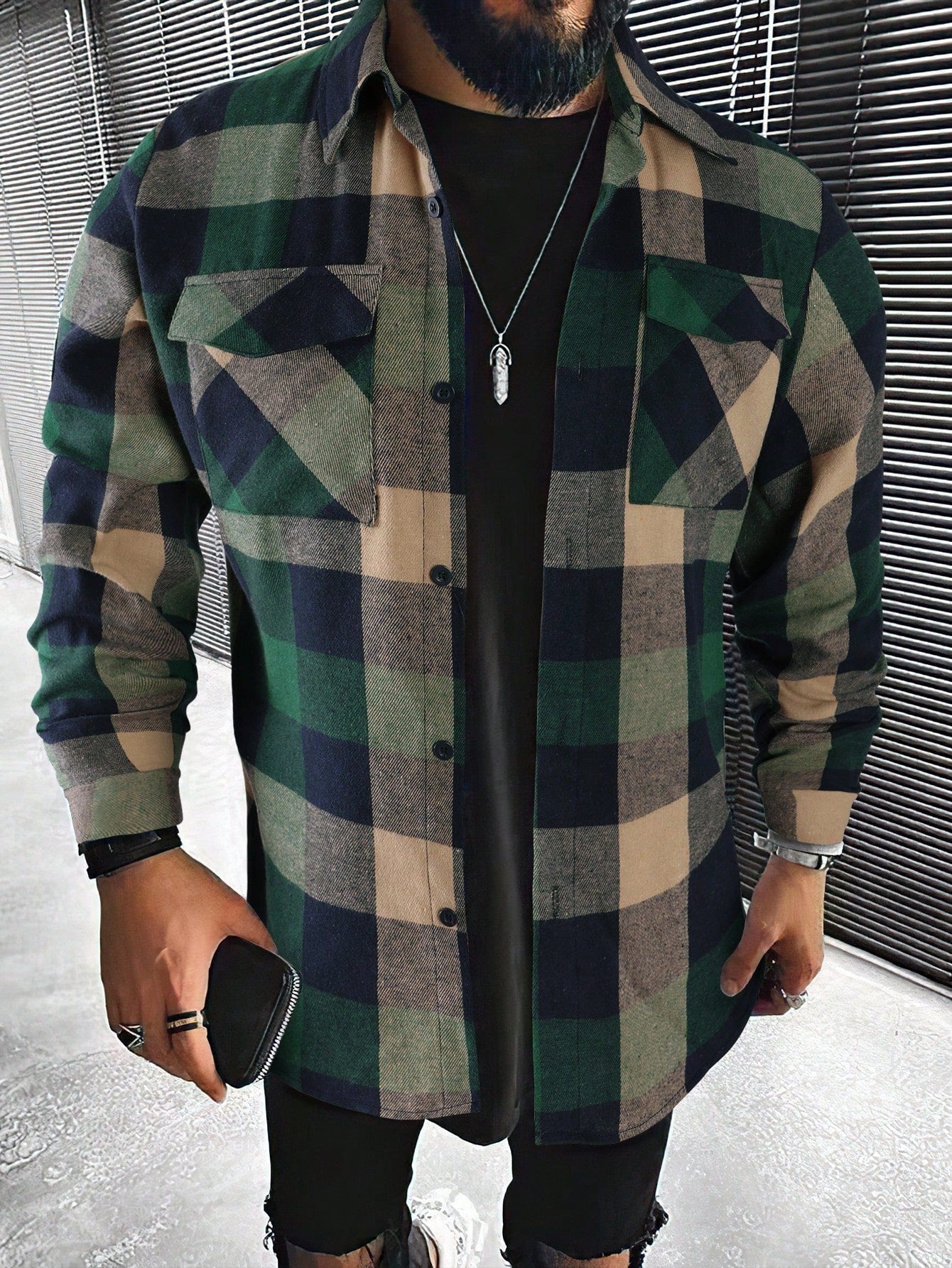 Men's Checked Cardigan with Flap Pockets