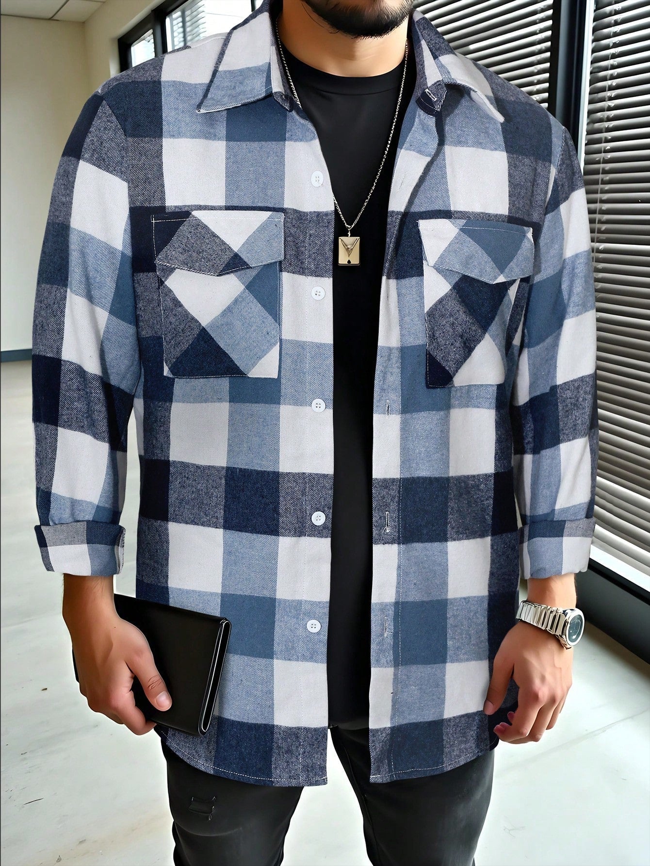 Men's Checked Cardigan with Flap Pockets