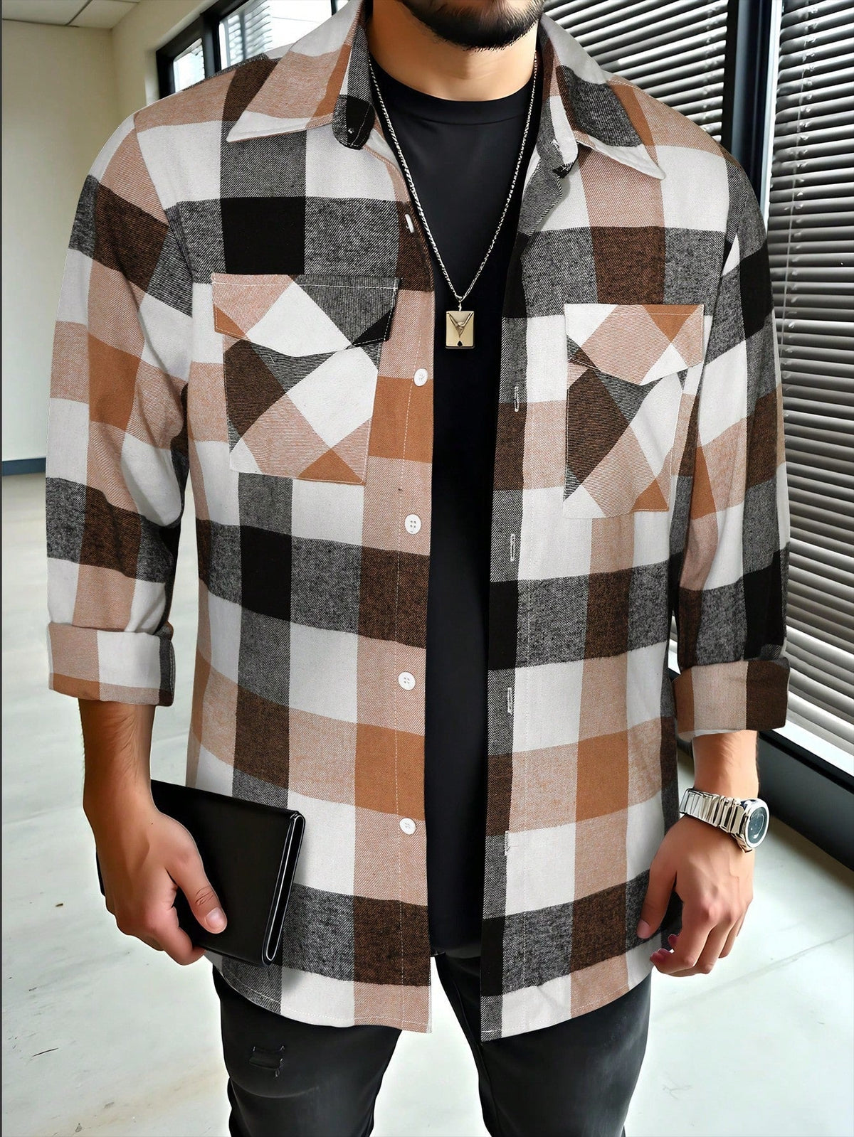 Men's Checked Cardigan with Flap Pockets