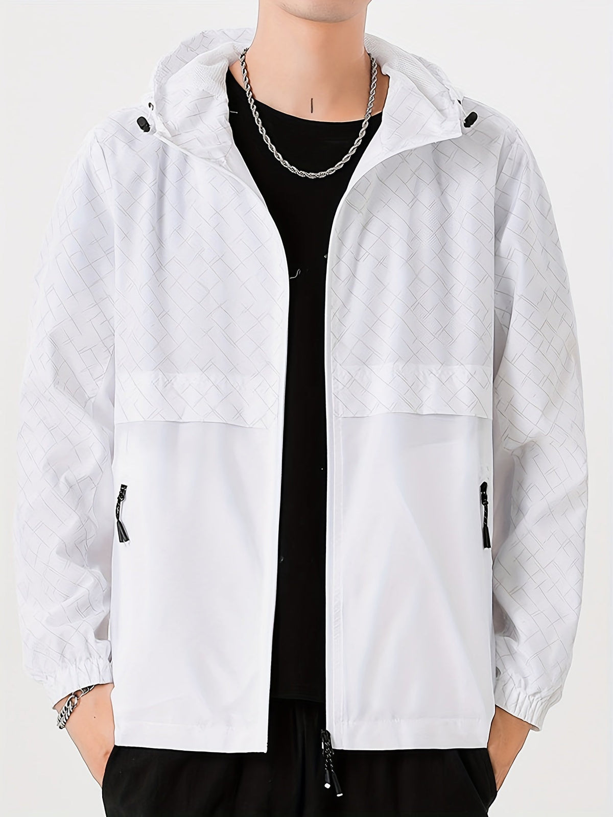Men's Checked Windbreaker Jacket with Hood