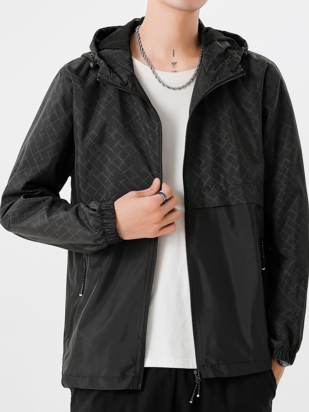 Men's Checked Windbreaker Jacket with Hood