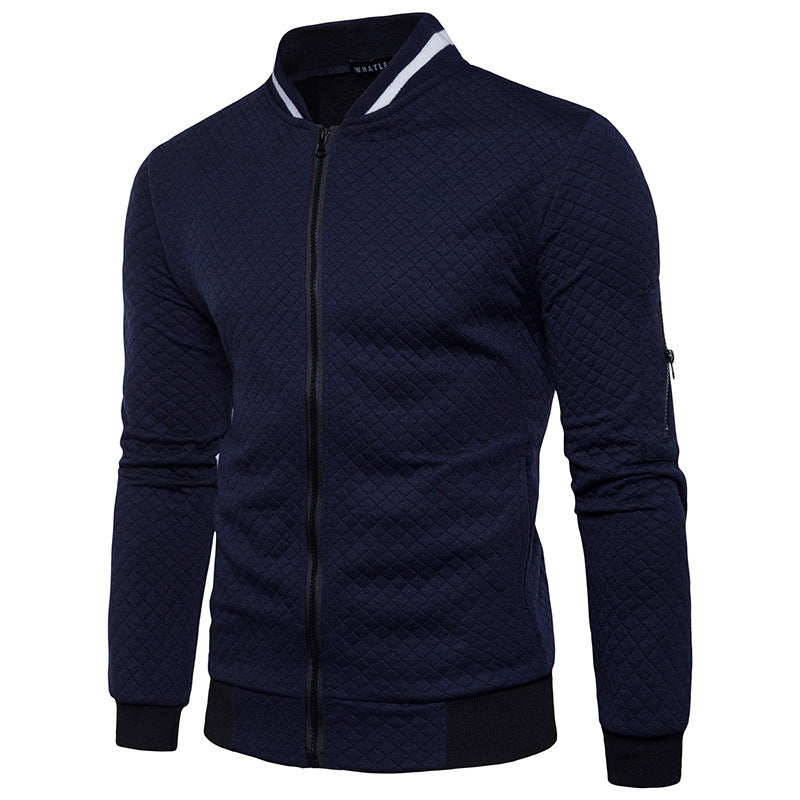 Men's Checkered Zip-Up Jacket with Stand Collar