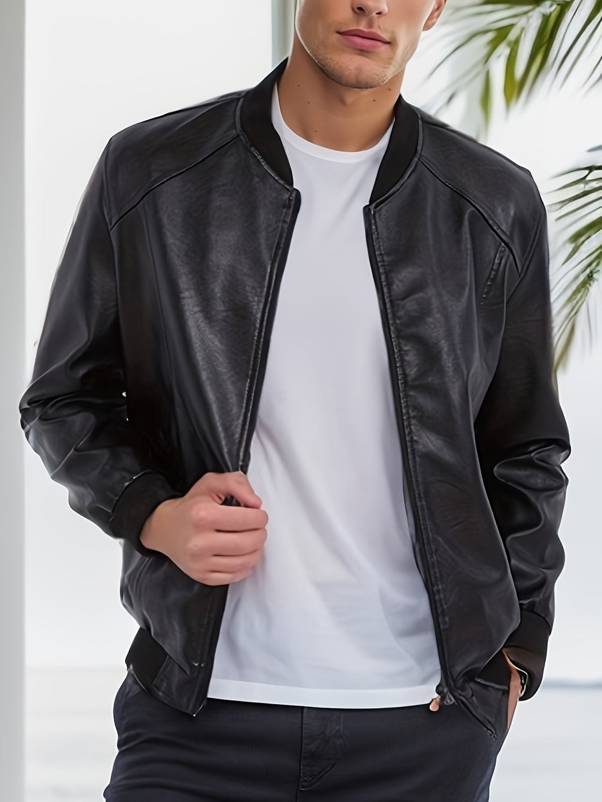 Men's Classic PU Jacket with Baseball Collar