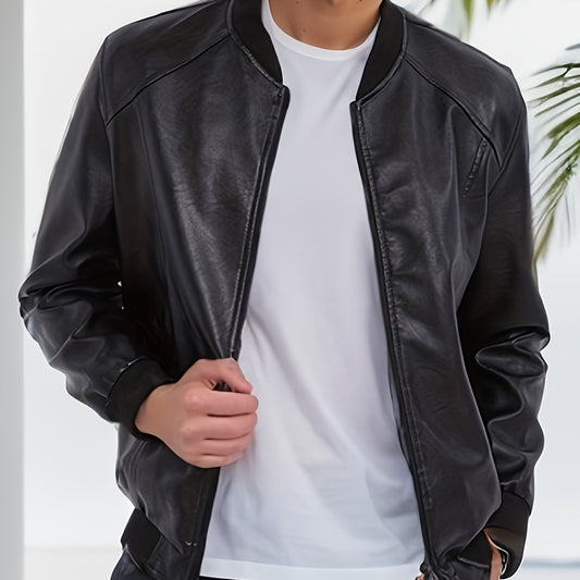 Men's Classic PU Jacket with Baseball Collar