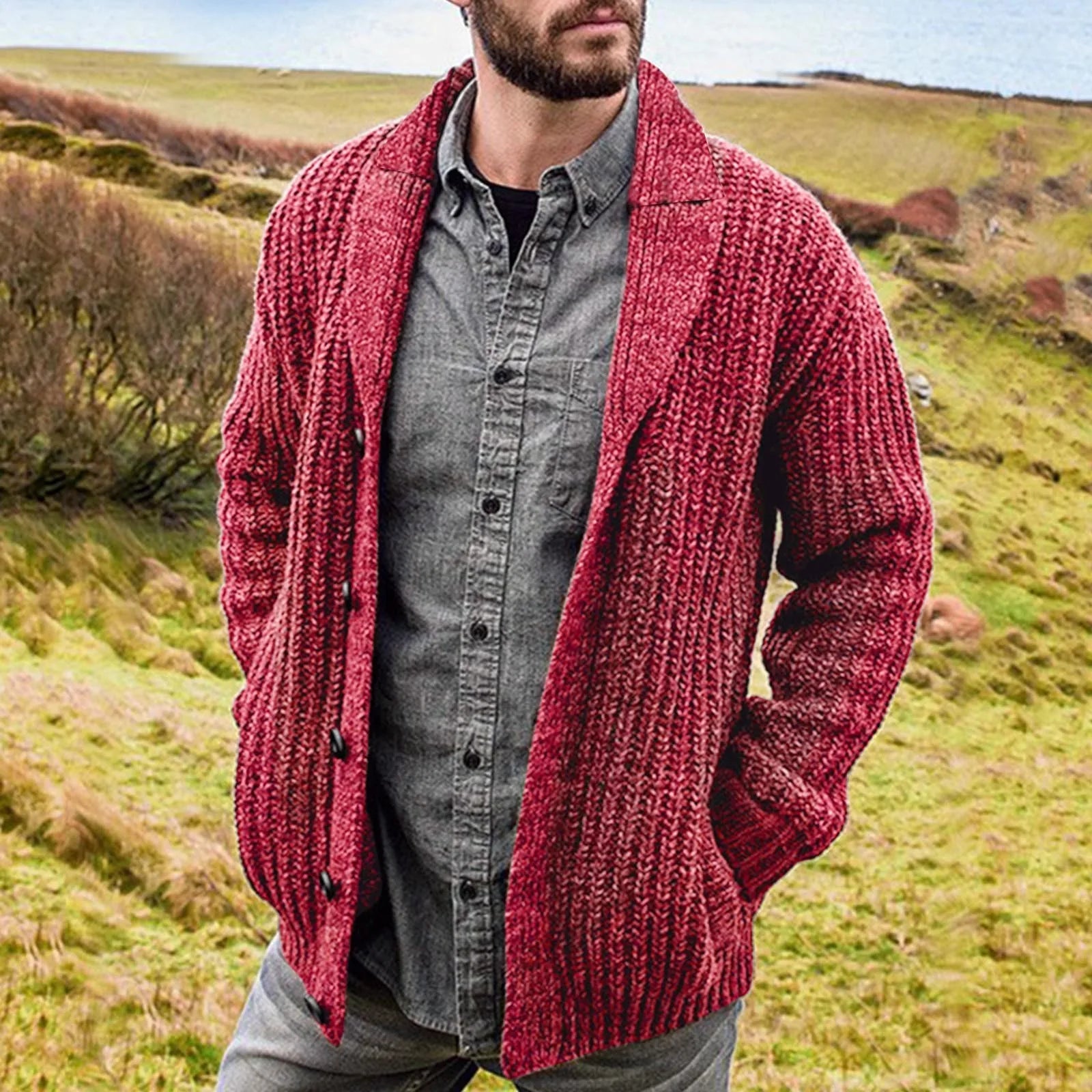 Men's Comfortable Cardigan with Button Closure and Pockets