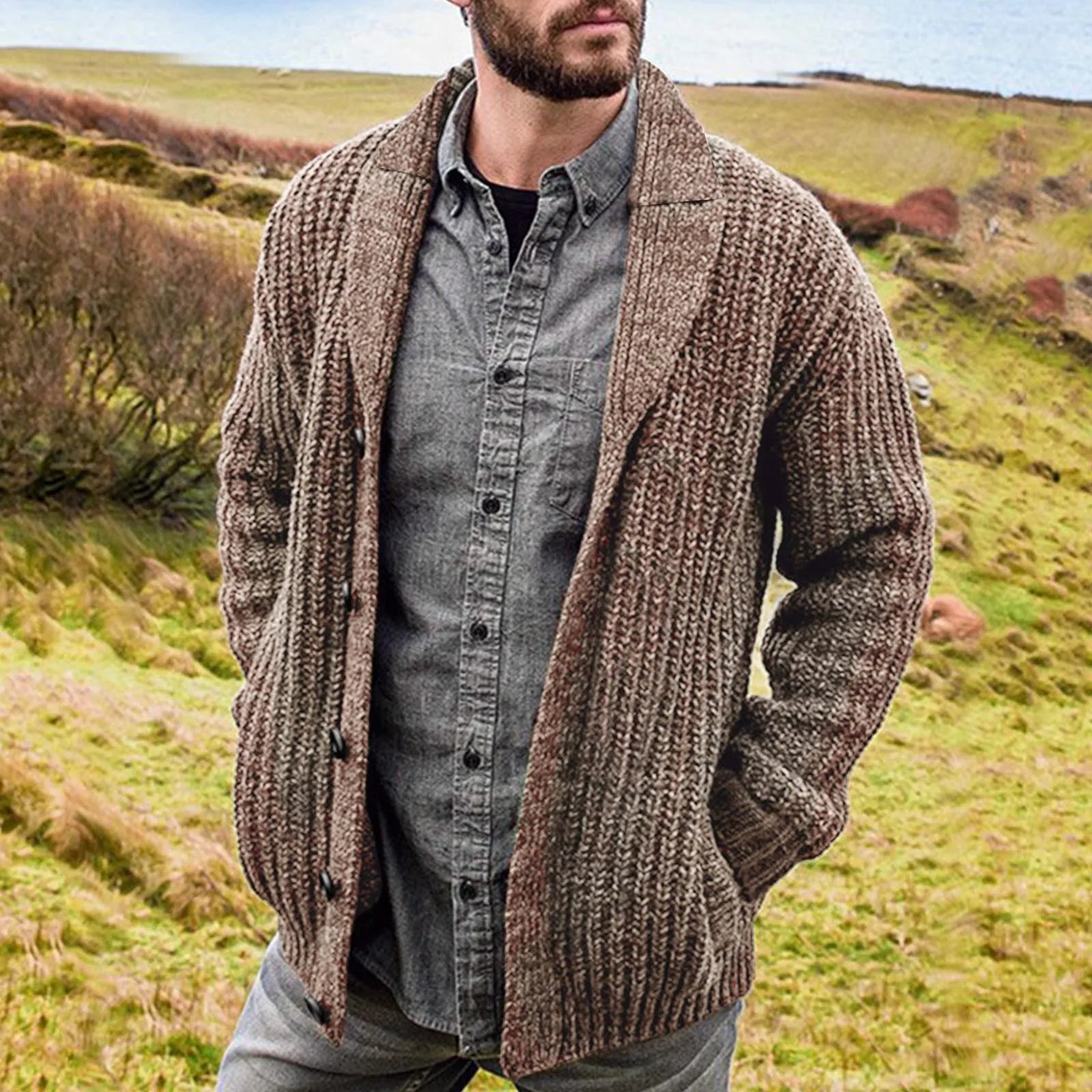 Men's Comfortable Cardigan with Button Closure and Pockets