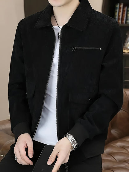 Men's Corduroy Jacket with Classic Collar and Zipper Closure