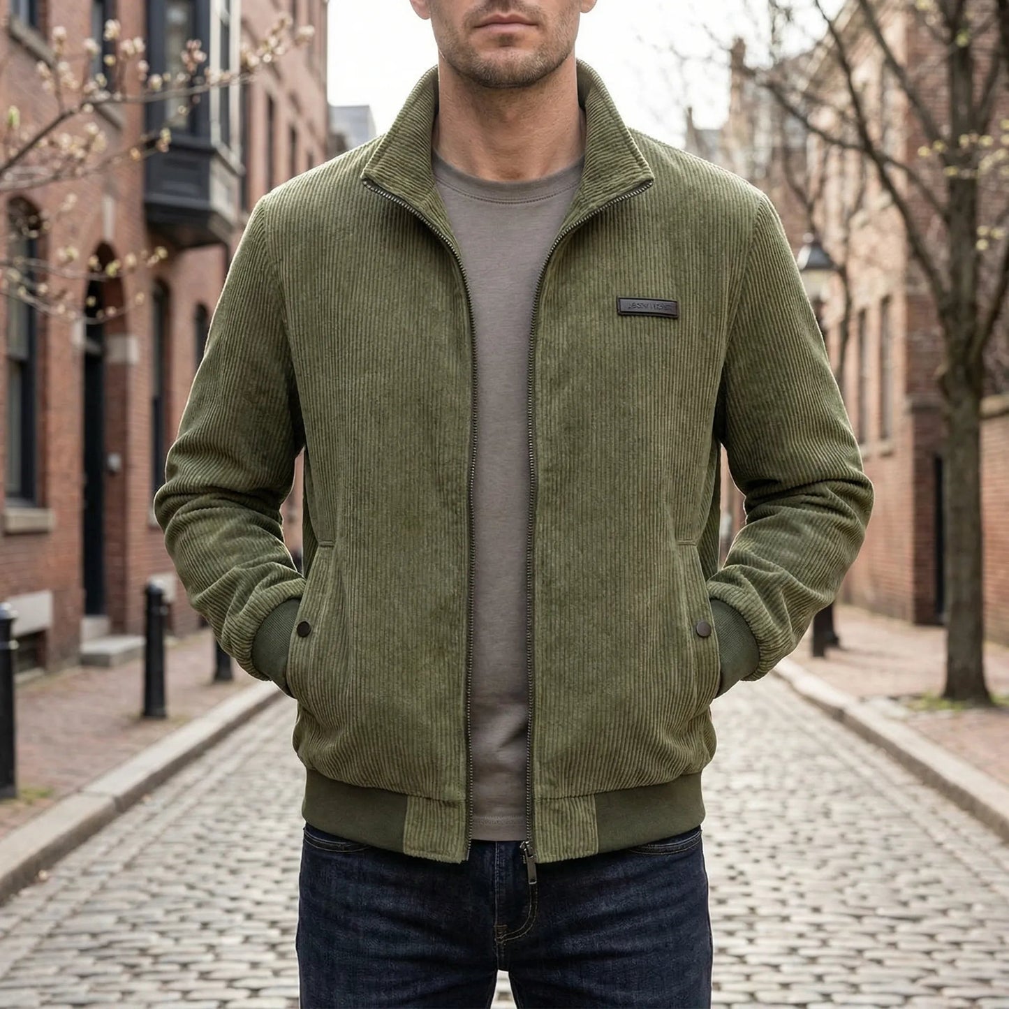 Men's Corduroy Jacket with Zipper and Stand-Up Collar