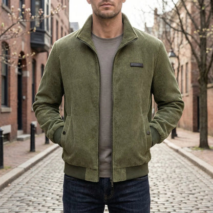 Men's Corduroy Jacket with Zipper and Stand-Up Collar